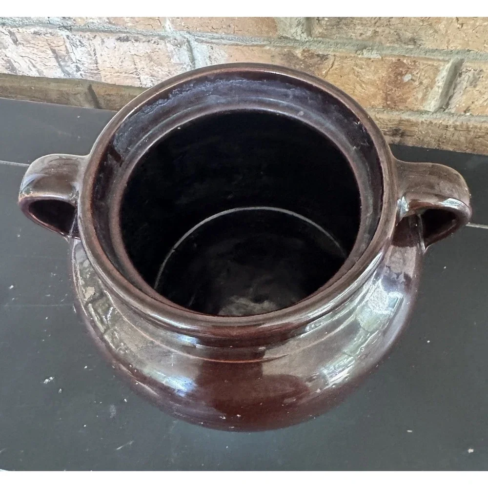 Vintage Stoneware Crock Jar w/ Handles 2‎ qt Bean Pot Primitive Mid Century
